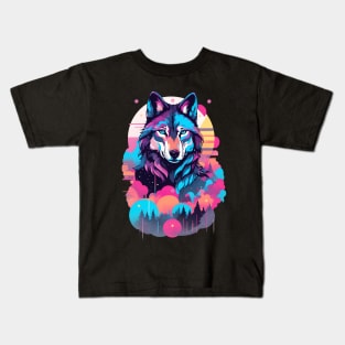 Vaporwave Wolf Shirt - Neon Blue Eyes Kids T-Shirt